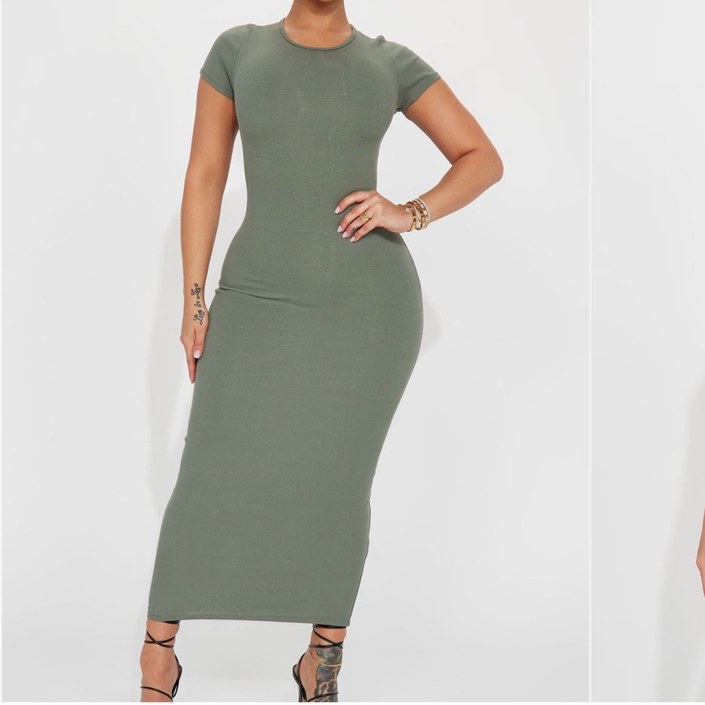 Fashion Nova Snatch Me Up Ribbed MIDI Dress Olive